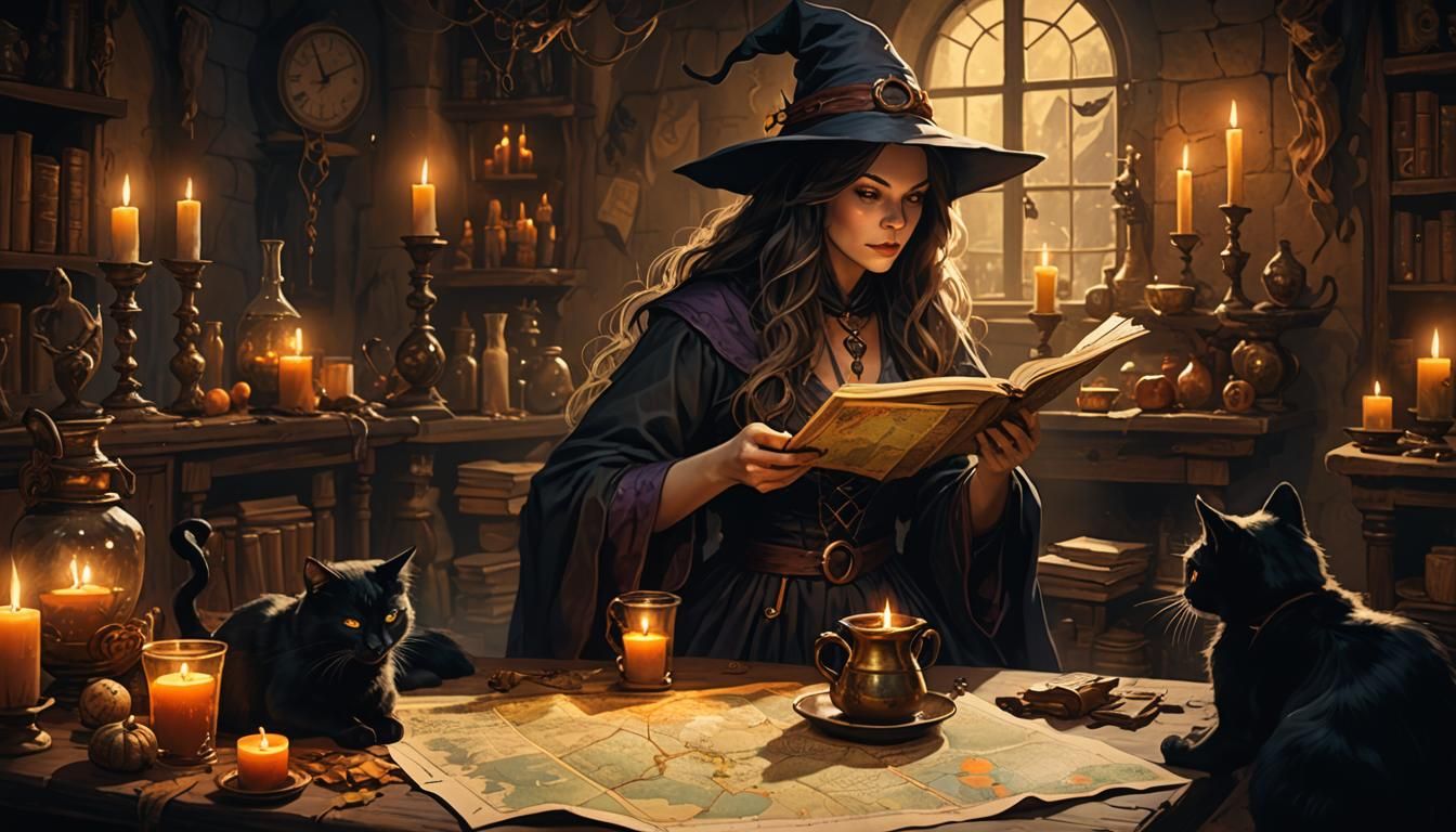 Mystical Witch Studies Map in Candlelight