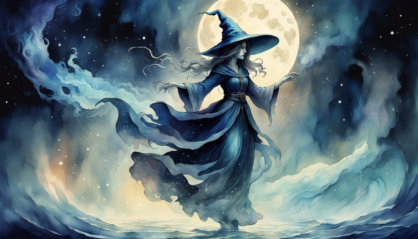 Moonlit river witch