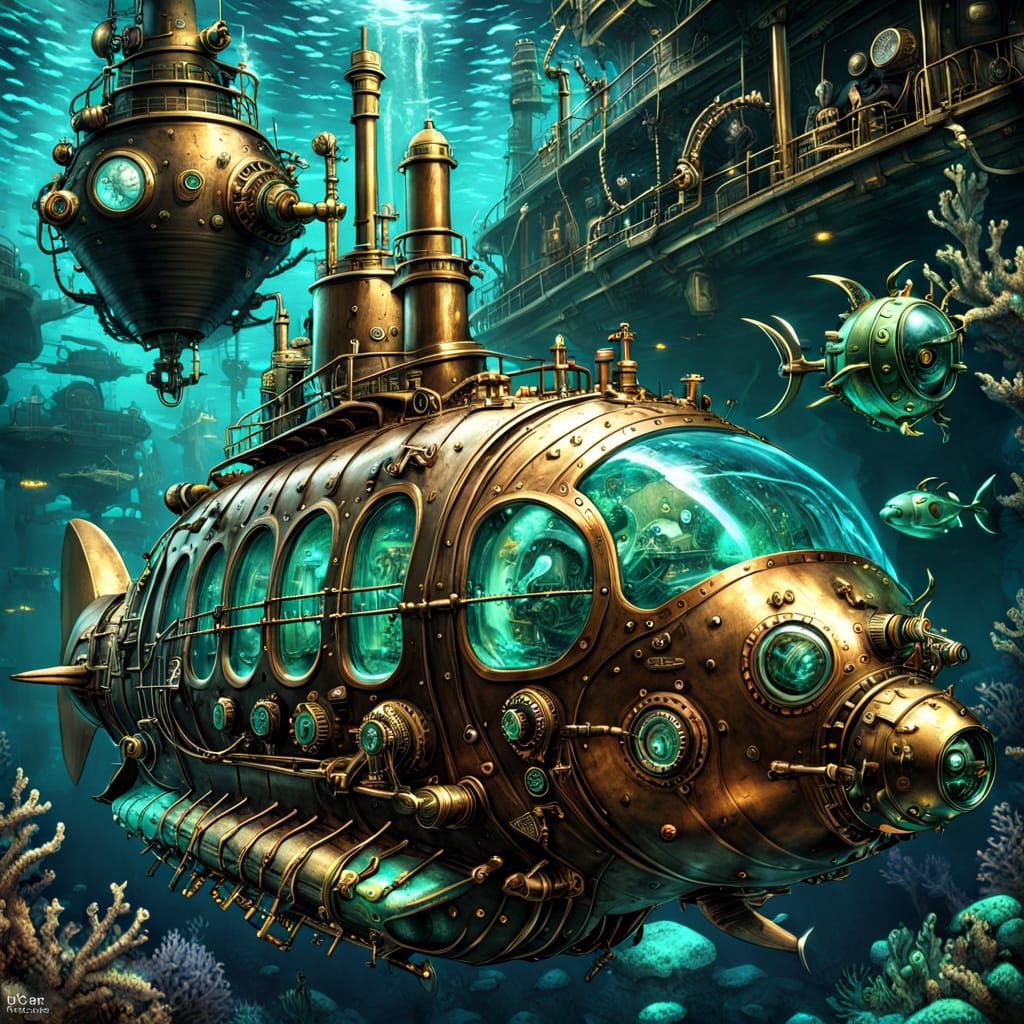 Steampunk Submarine Exploring Ocean Depths