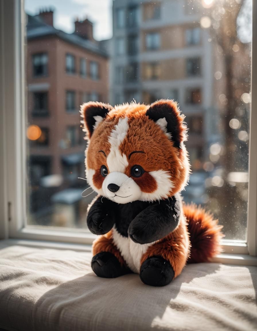 Fluffy Red Panda Plushie on Window Sill