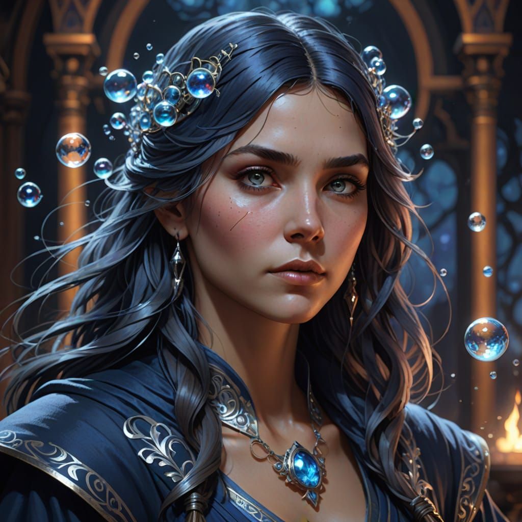 Sorceress Conjuring Bubbles in Art Nouveau Style