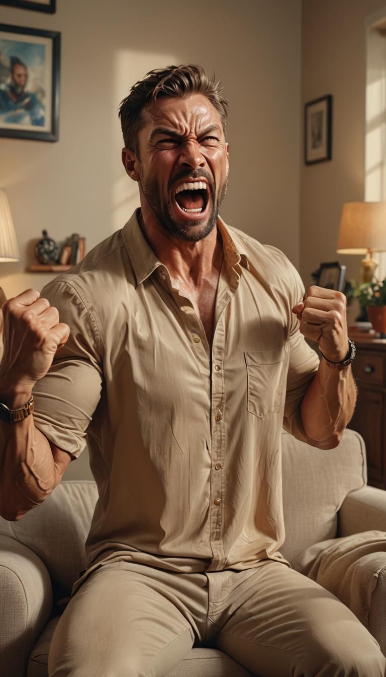 Muscular Man Shouting in Living Room: Hyperrealistic Art