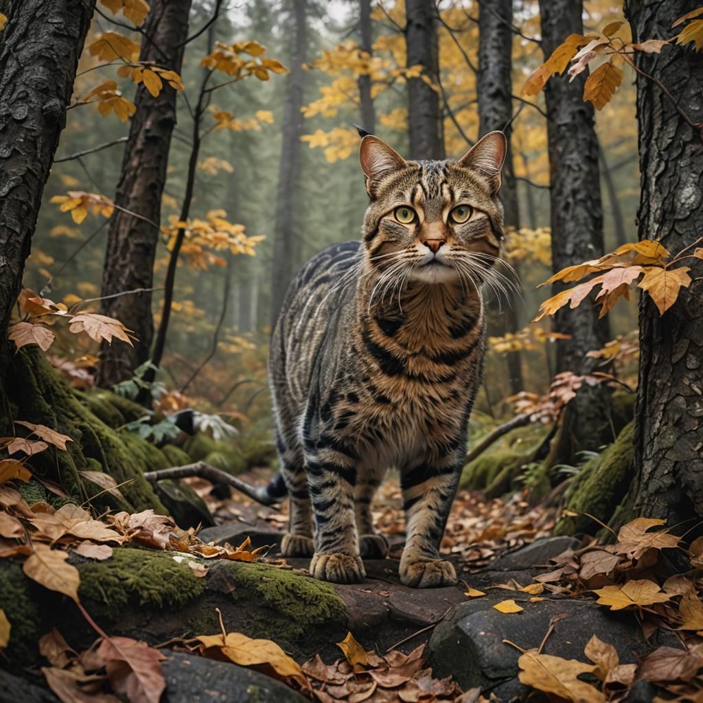 Stalking Cat in Autumn Forest: Wildlife Photo