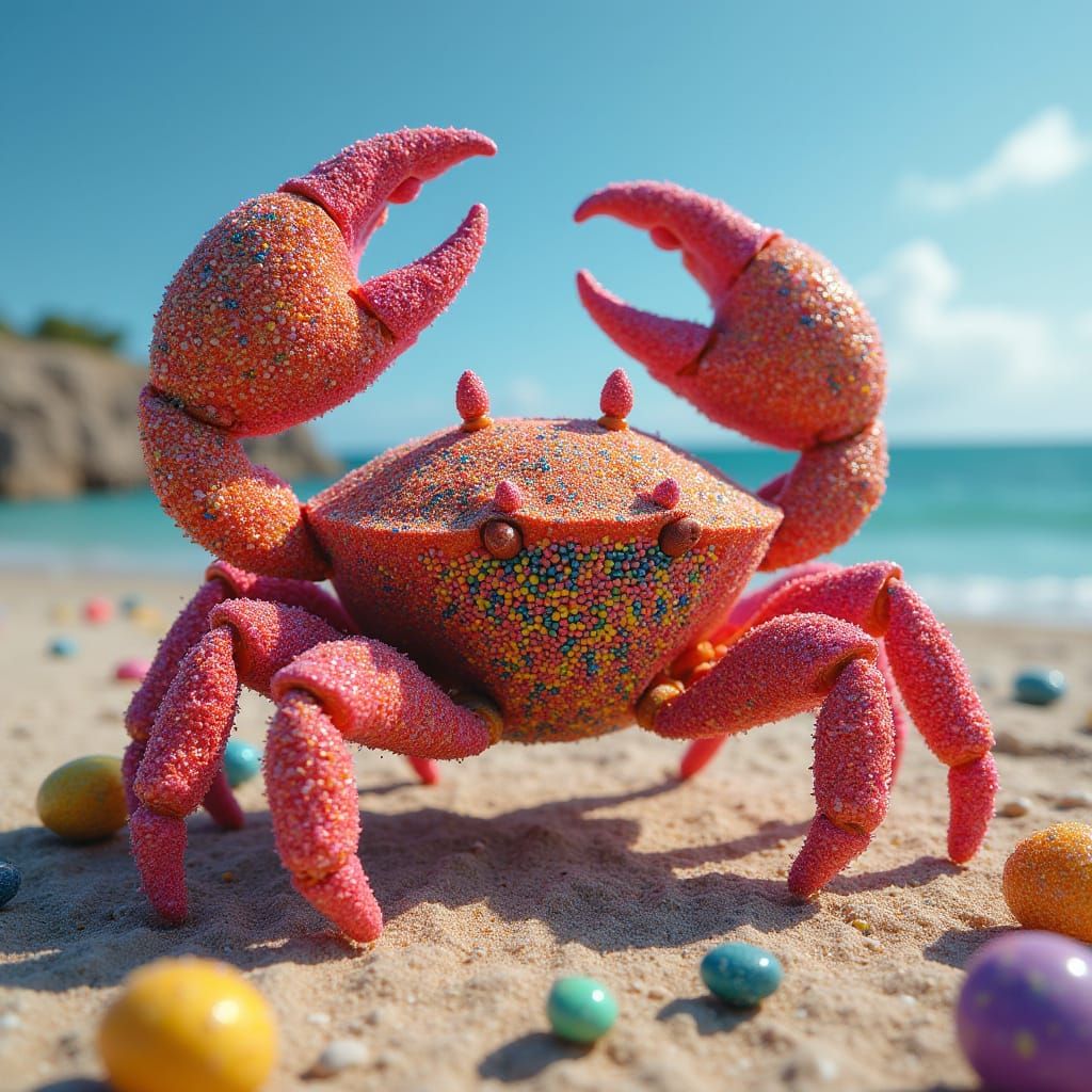Vibrant Candy Crab Sculpture in Pop Art Style