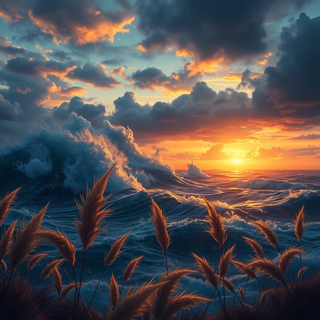 Majestic Stormy Sea at Sunset: Hyper-Realistic Airbrush Art