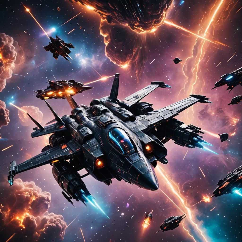 Futuristic Spacecraft Battle in Starry Nebula