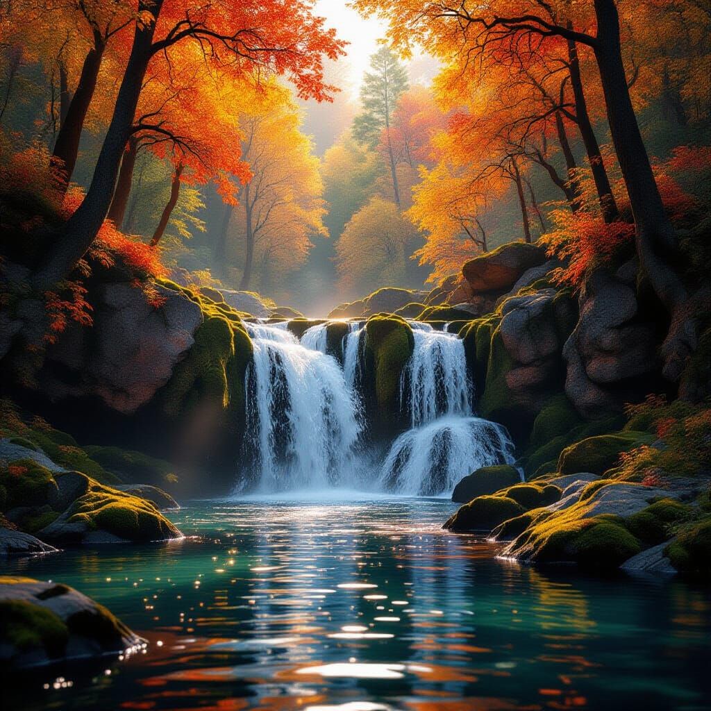 Breathtaking Autumn Waterfall in Golden Sunlight