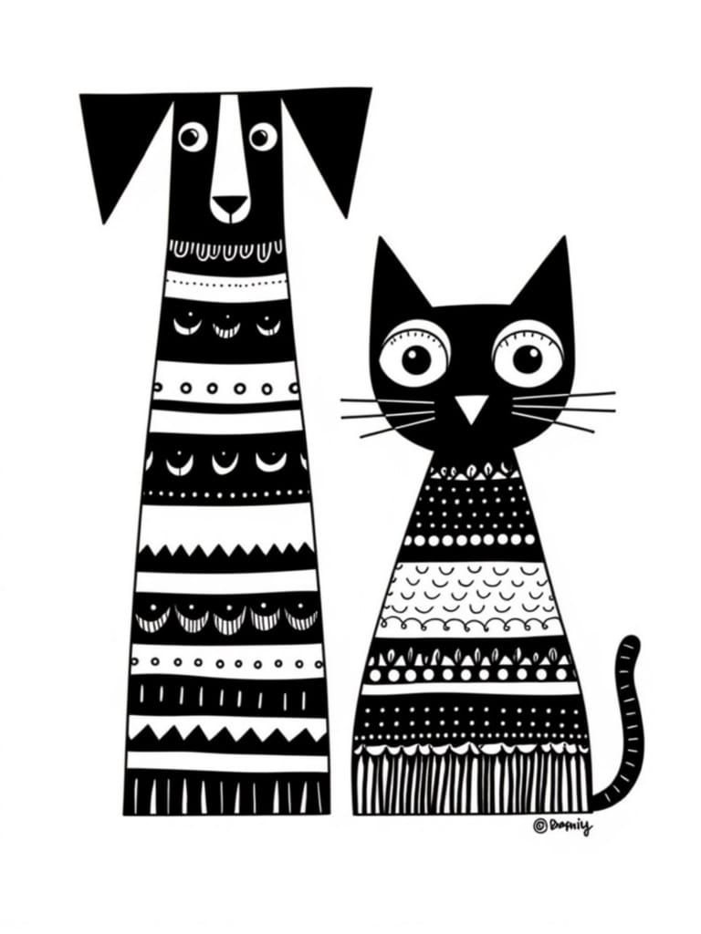 Stylized Black-and-White Illustration of a Dog and Cat in Sy...