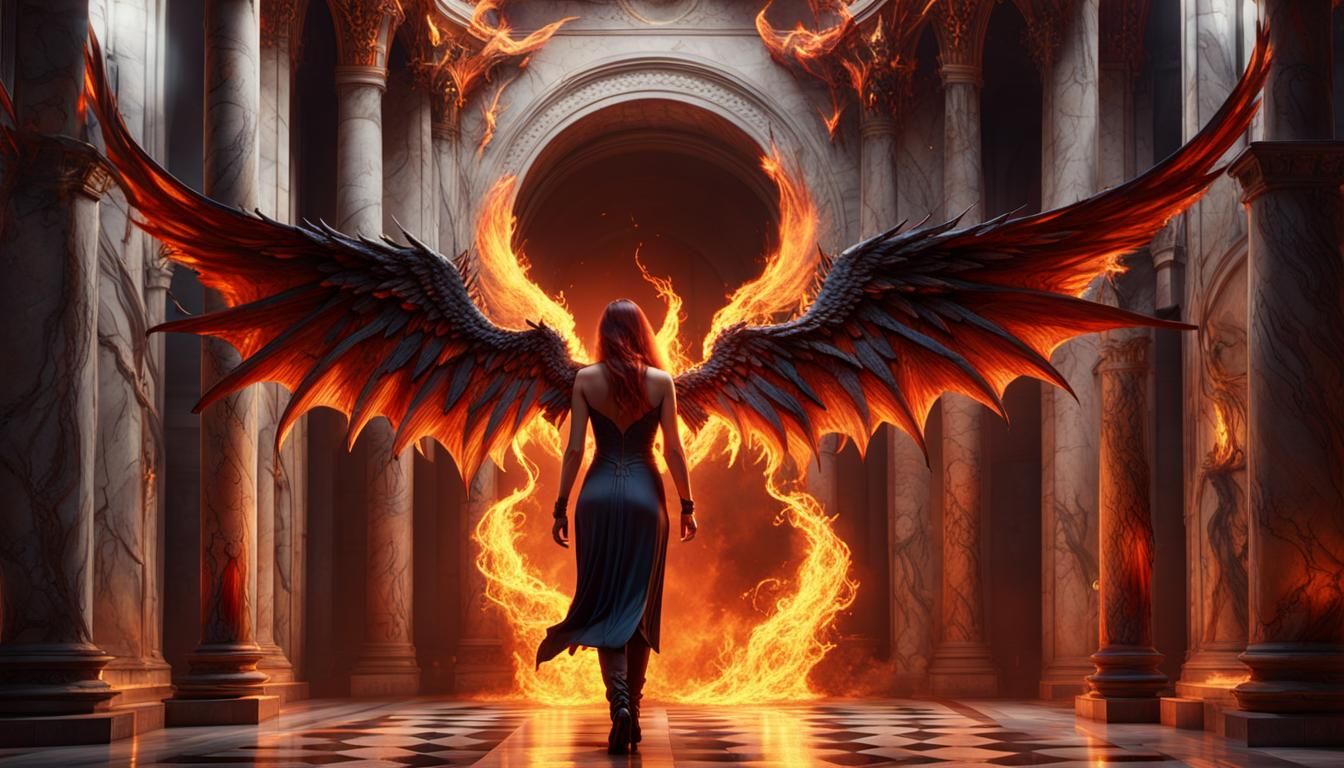 Woman with Fiery Wings in Marble Hallway
