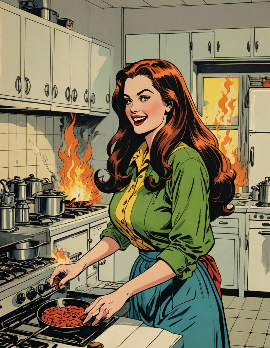 Retro Comic Book Art: Woman in Burning Kitchen