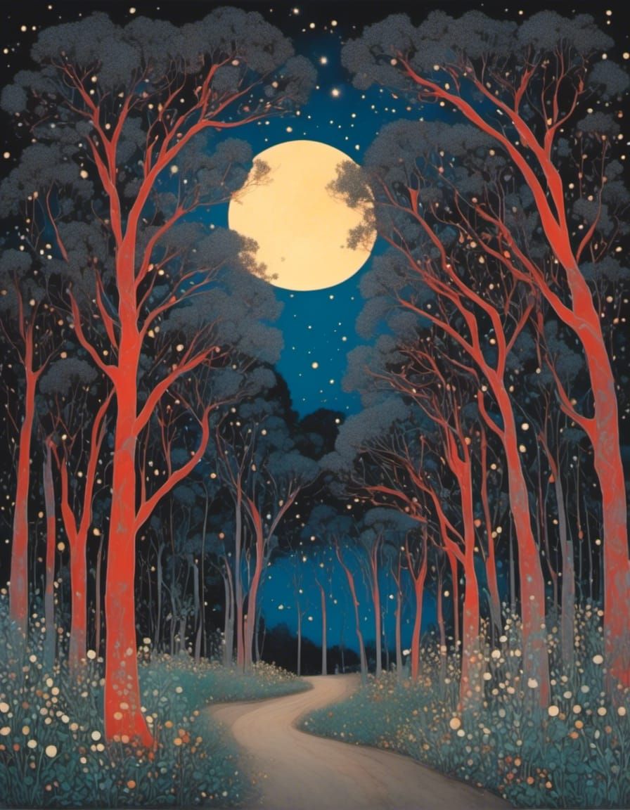 Fireflies Under Eucalyptus in Palekh Style