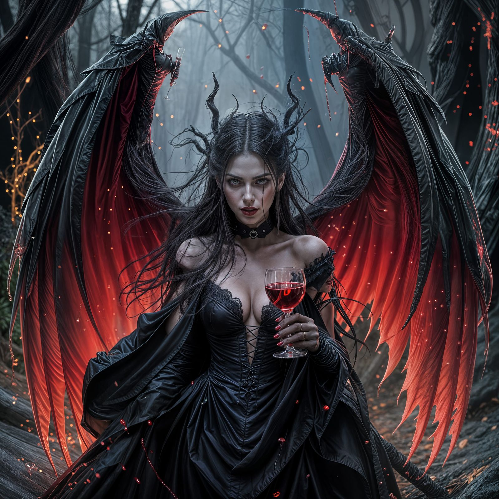 Elegant Vampiress with Wine Glass in Gothic Style