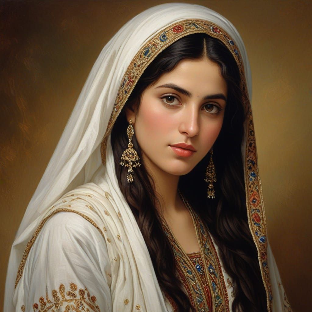 Iranian Kurdish Woman in Traditional Garb Oil Painting