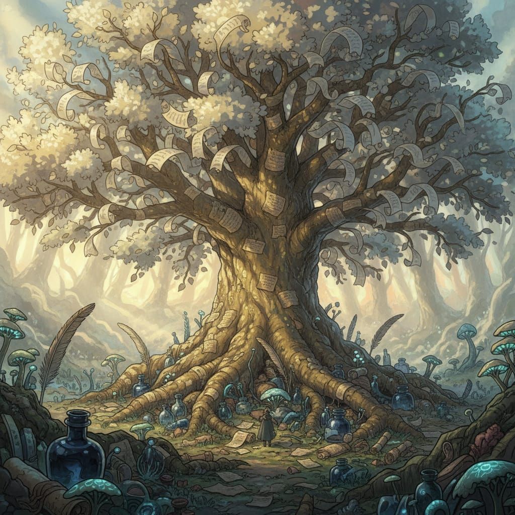 Ancient Parchment Tree in Misty Ethereal Forest