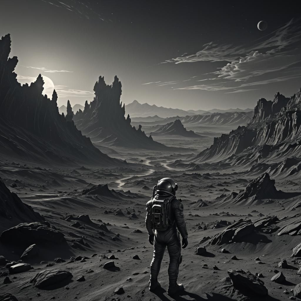 Astronaut on Alien Planet in Cinematic Charcoal Style
