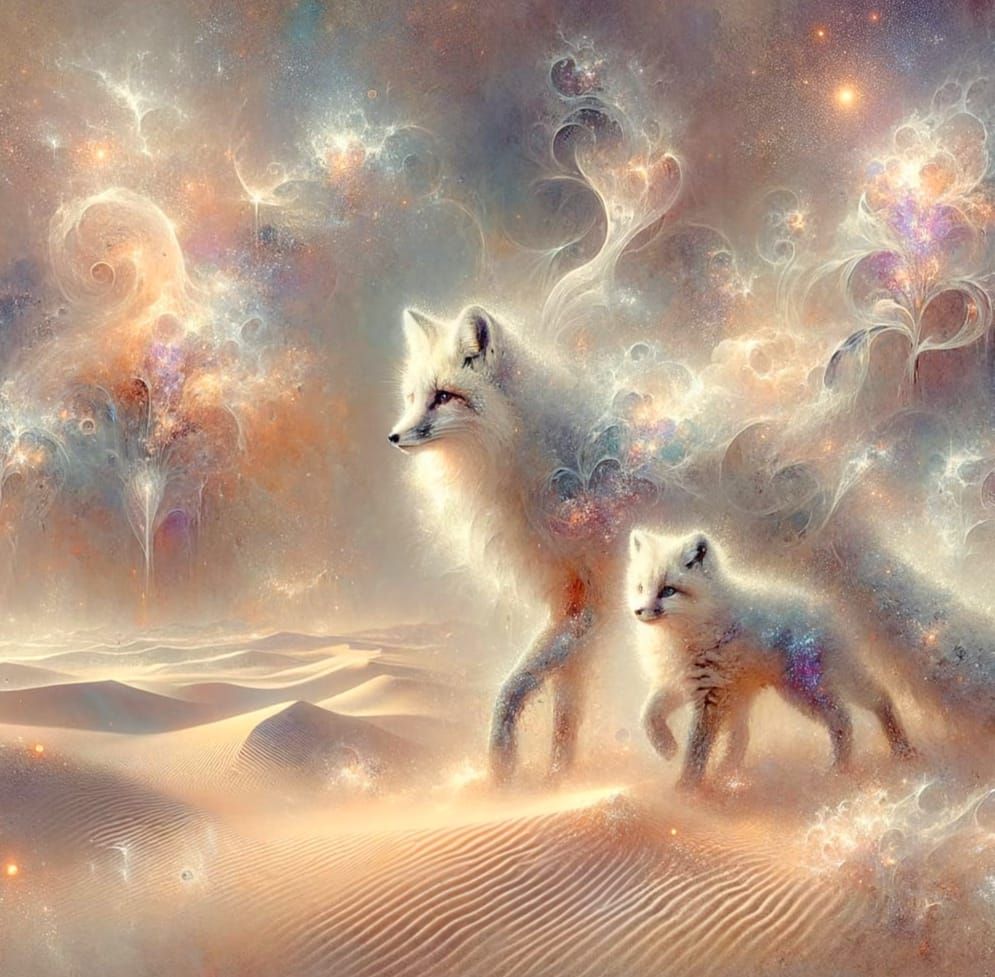 Desert Fox Family in Shimmery Watercolor Storm