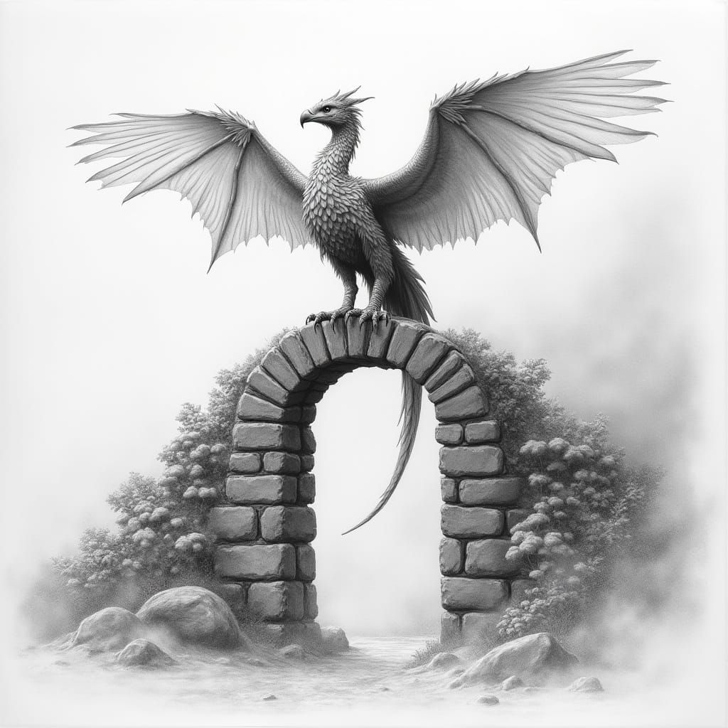 Detailed Pencil Drawing of Griffin on Archway