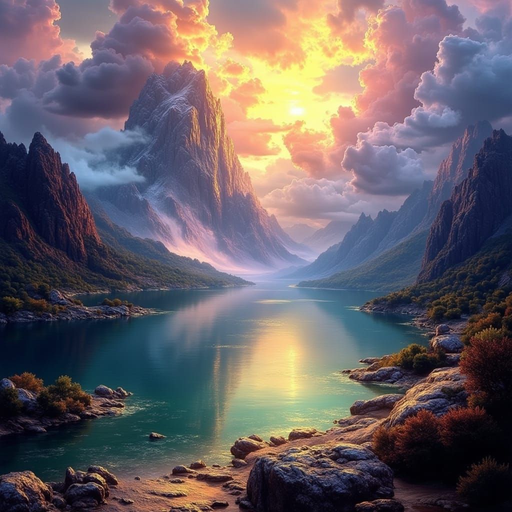 Majestic Mountain Lake at Stormy Sunset
