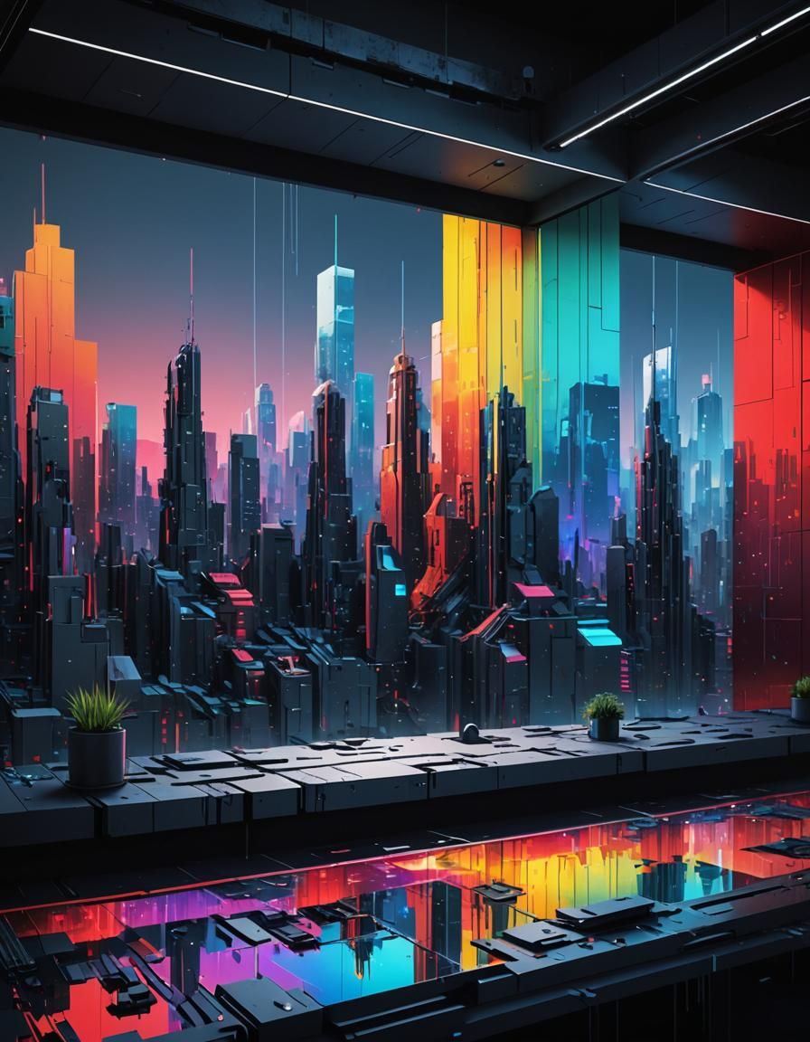 Glitched Neofuturistic Pixelated Architecture in Red and Gra...