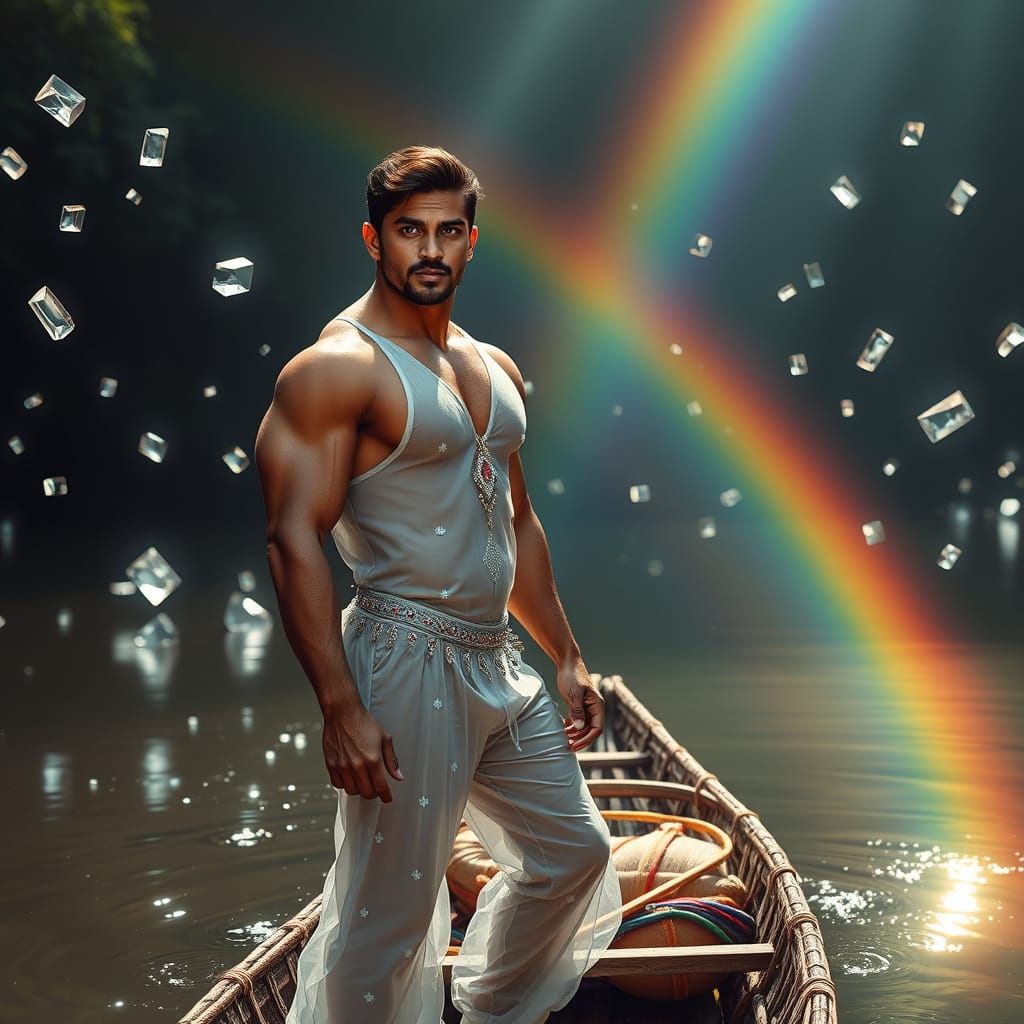 Indian Bodybuilder in Crystal Jumpsuit on River