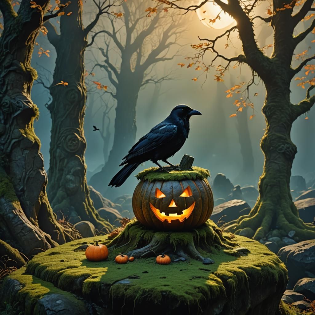 Jack-o'-Lantern with Crow in Golden Light