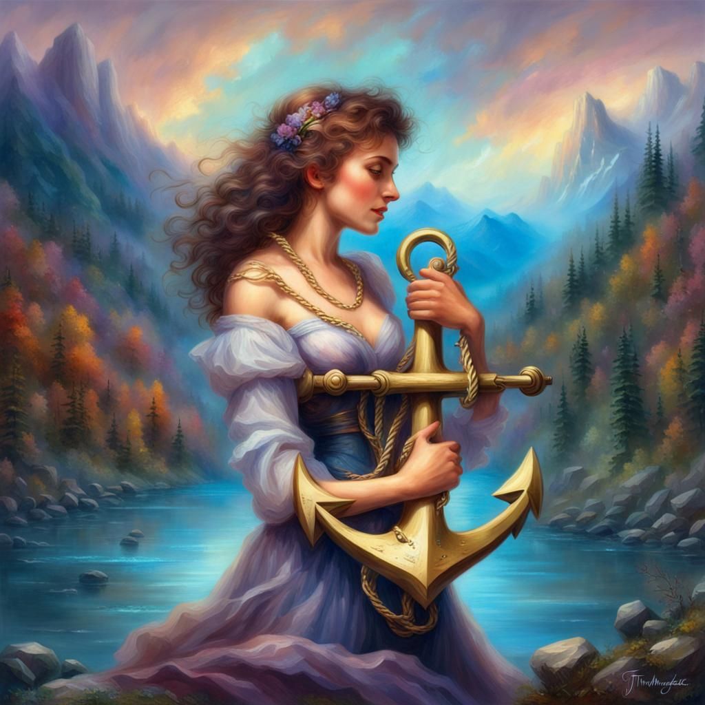 Ethereal Woman Embracing Anchor in Mountainous Landscape