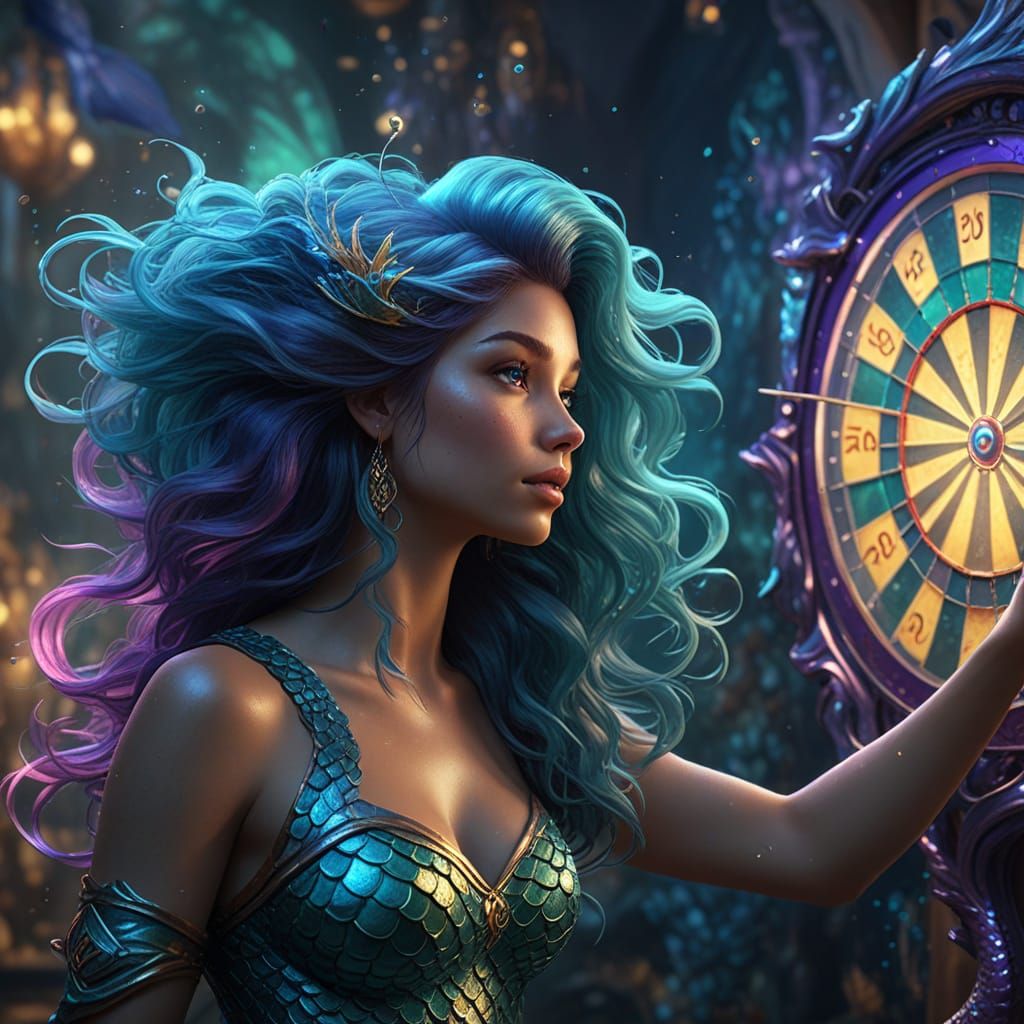 Mermaid Plays Darts: Vibrant Fantasy Art