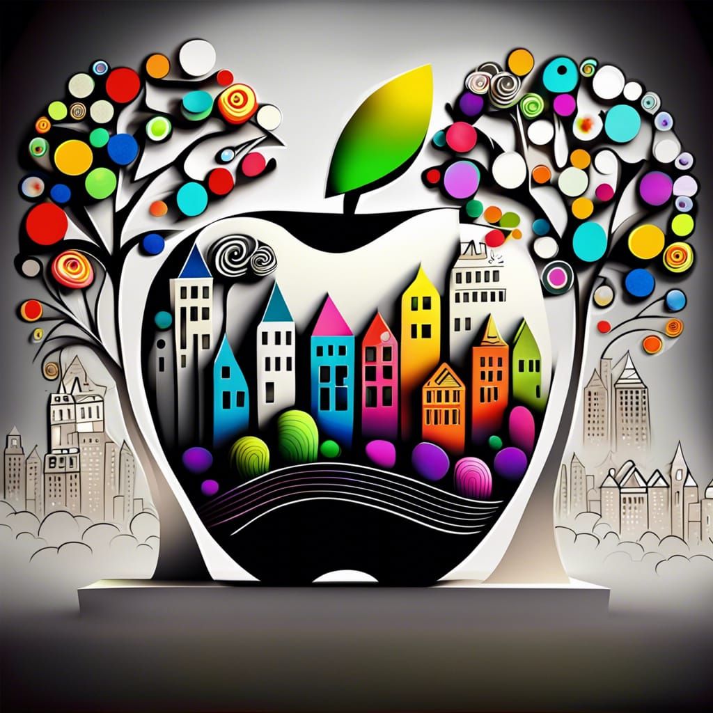 Festive City with White Apple in Folk Art Style
