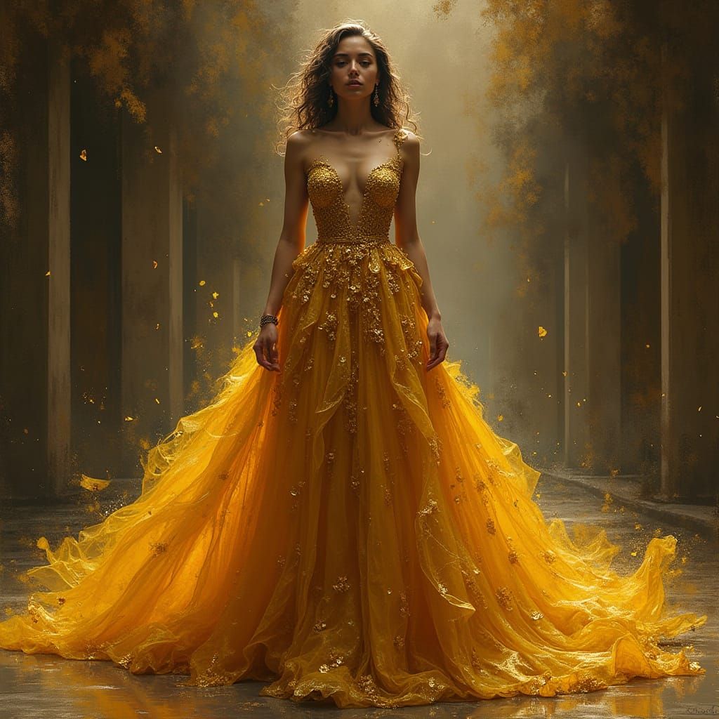 Woman in Extravagant Golden Gown with Deep Neckline
