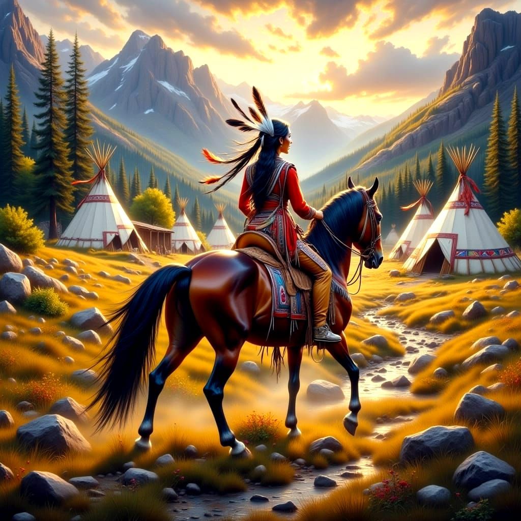Native American Indian Rides Horse Through Tepee Village at ...