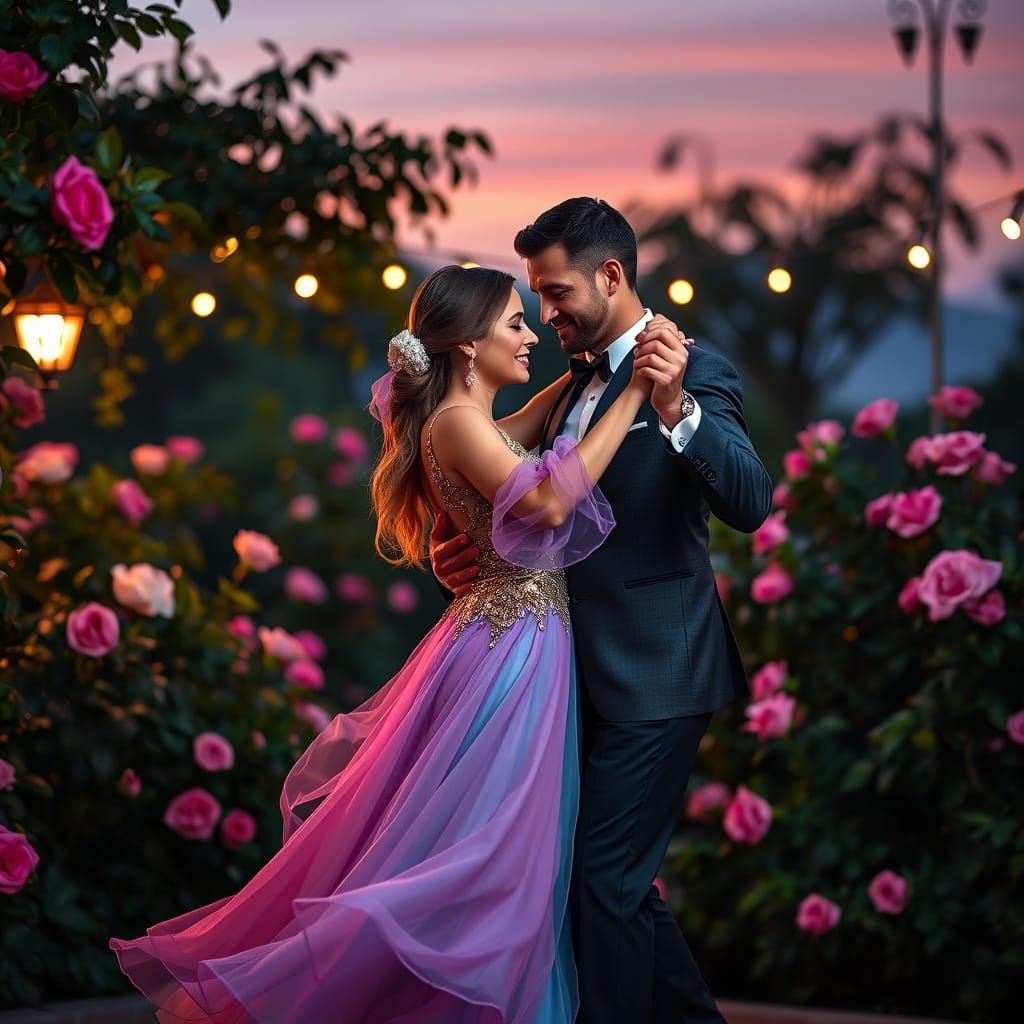 Romantic Tango in Rose Garden at Twilight