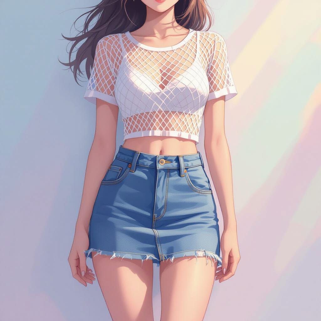 Teen Girl in Mini Skirt and Fishnet Top, Anime Style