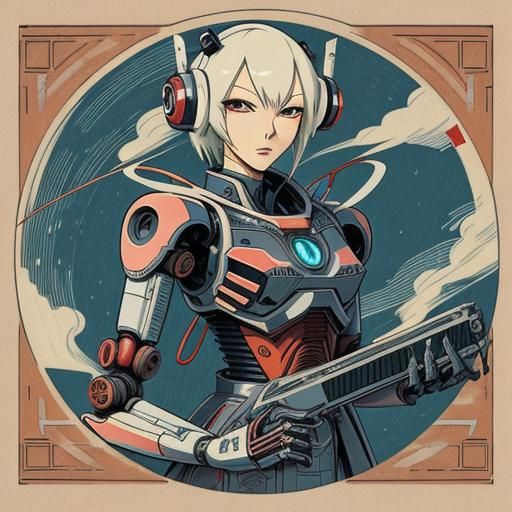 Robot in Japanese Woodblock Anime Style