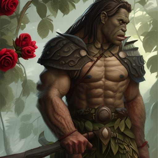 Orc Warrior and Roses: Digital Anime Painting