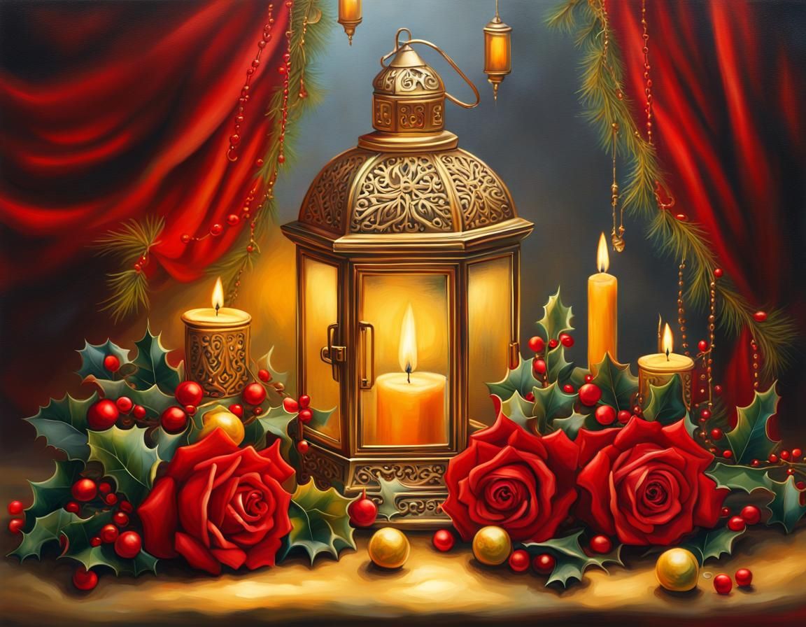 Christmas Card Roses and Moroccan Lanterns in Oil Paint