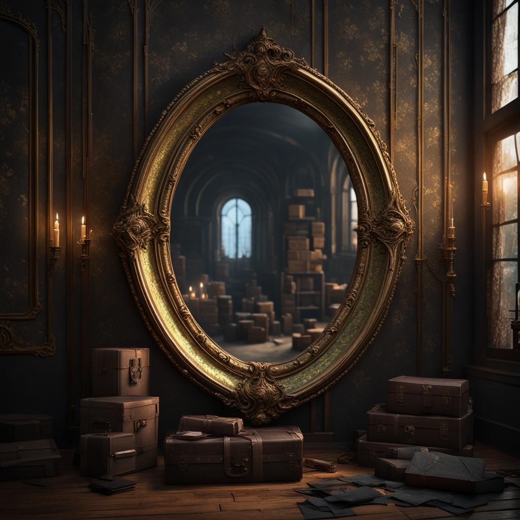 Oval Iridescent Mirror in Gloomy Attic: Matte Painting