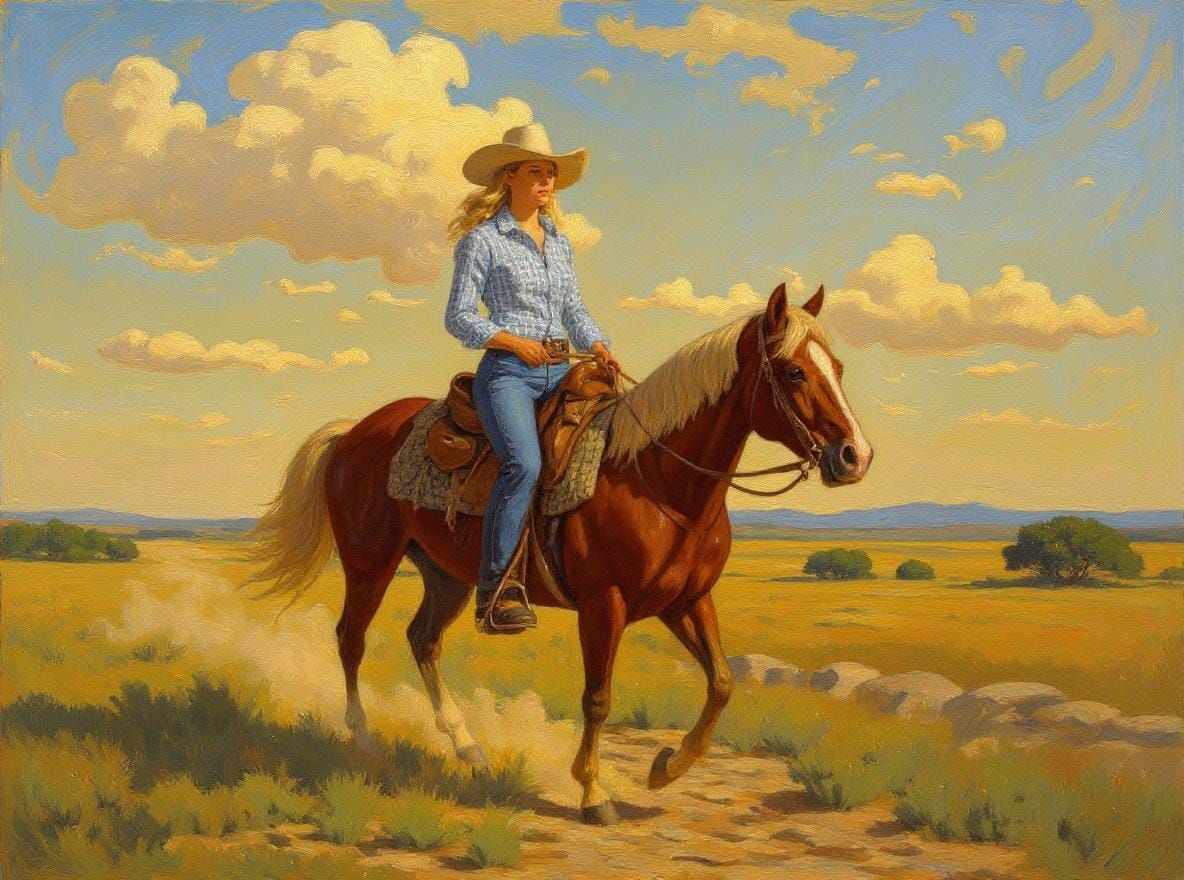 Impressionistic Landscape: Woman Riding Horse at Golden Hour