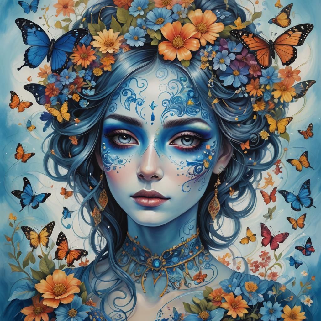 Ethereal Woman Portrait with Blue Face Paint