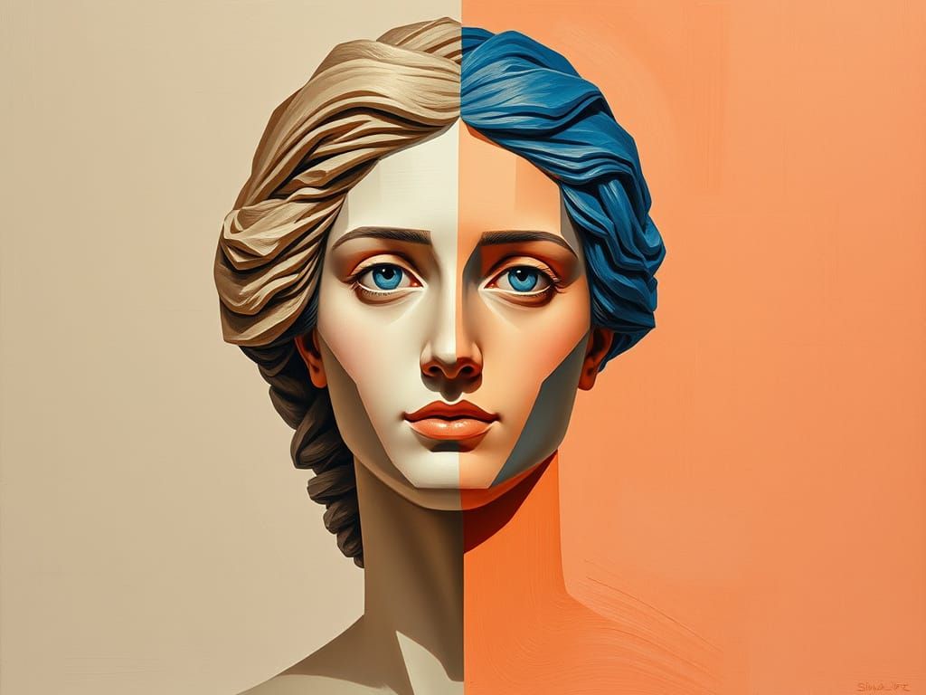 Cubist Abstract Fusion: Classical Bust Meets Modern Portrait