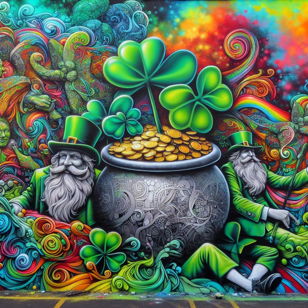 Street Art Mural: Leprechauns, Gold, and Shamrocks