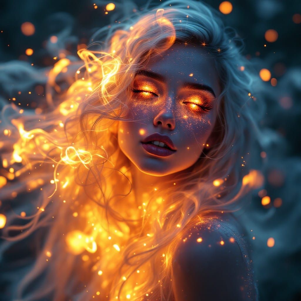 Ethereal Goddess Portrait with Glowing Fire Hair