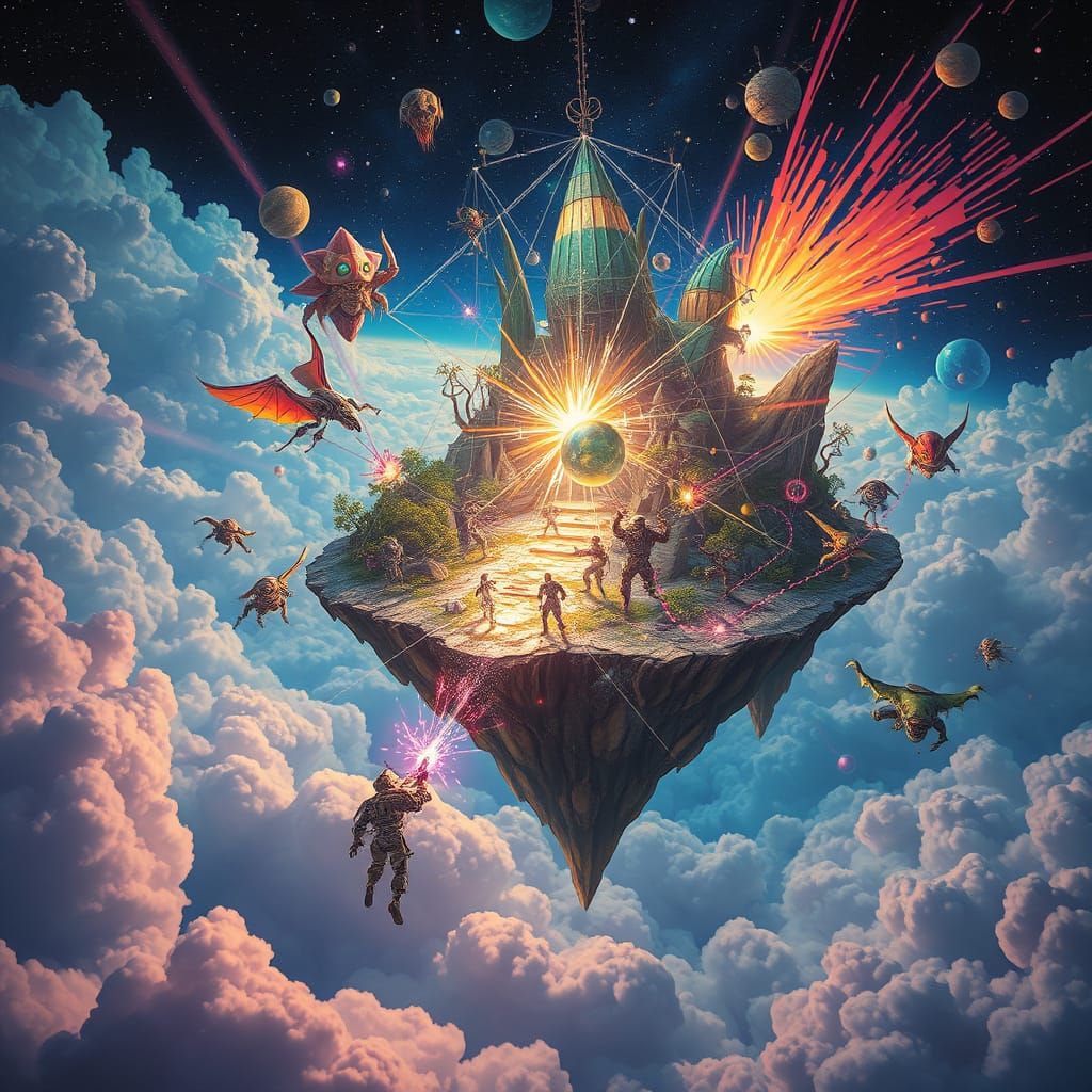 Chaotic Battle on Floating Island, Surreal Art Style