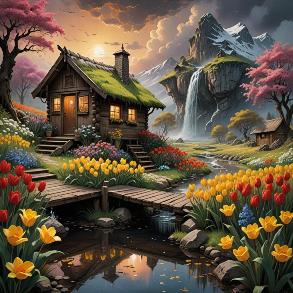 Whimsical Spring Meadow Scene in Hyper-Realistic Digital Art