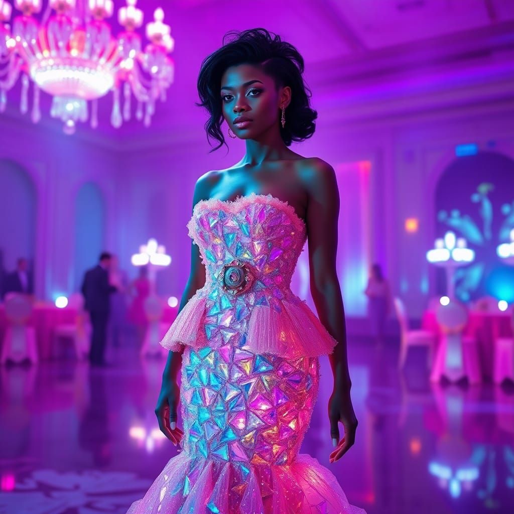 Woman in Crystal Mermaid Dress in Florescent Ballroom