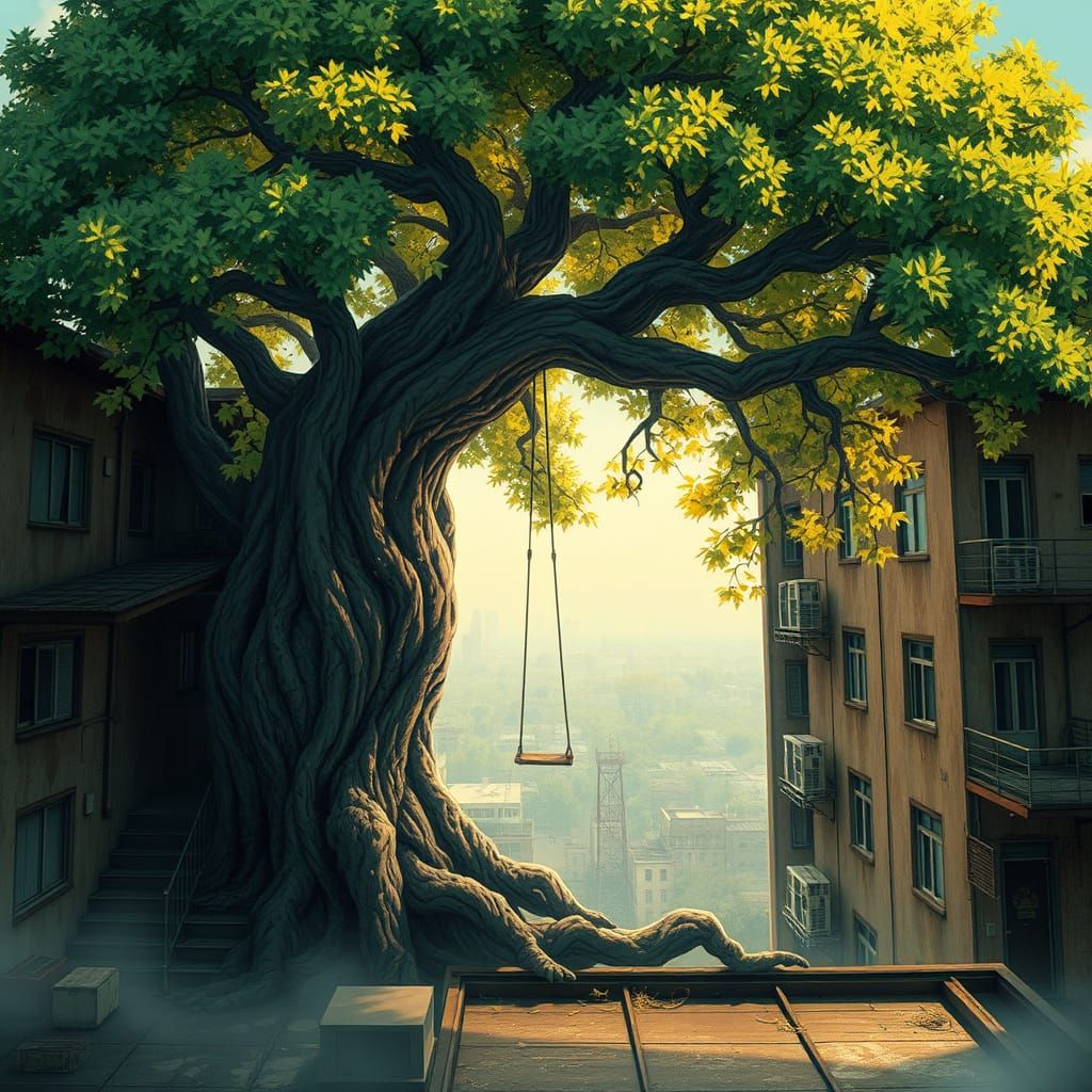 Majestic tree with sprawling roots on a weathered apartment rooftop, vibrant green and yellow leaves, swing hanging from...