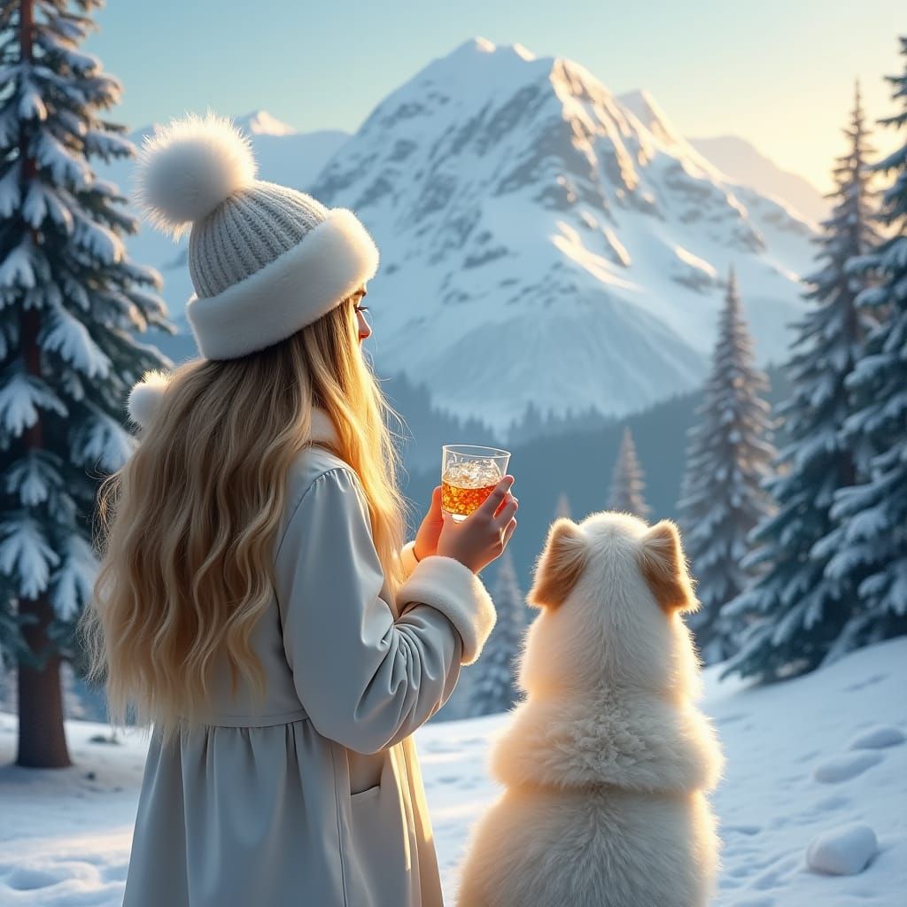 Blond Woman and Dog Admire Snowy Mountain Vista