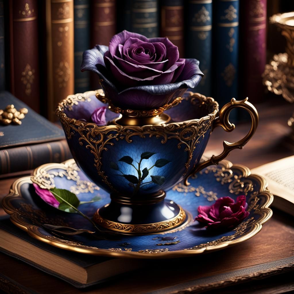 Black Rose Arising from Teacup in Library