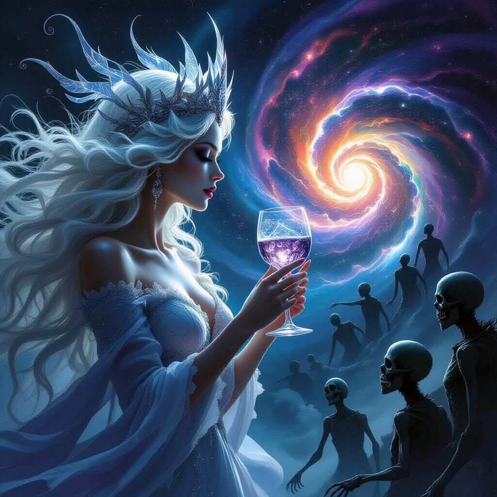 Cosmic Goddess Observes Zombie Vortex in Fantasy Art