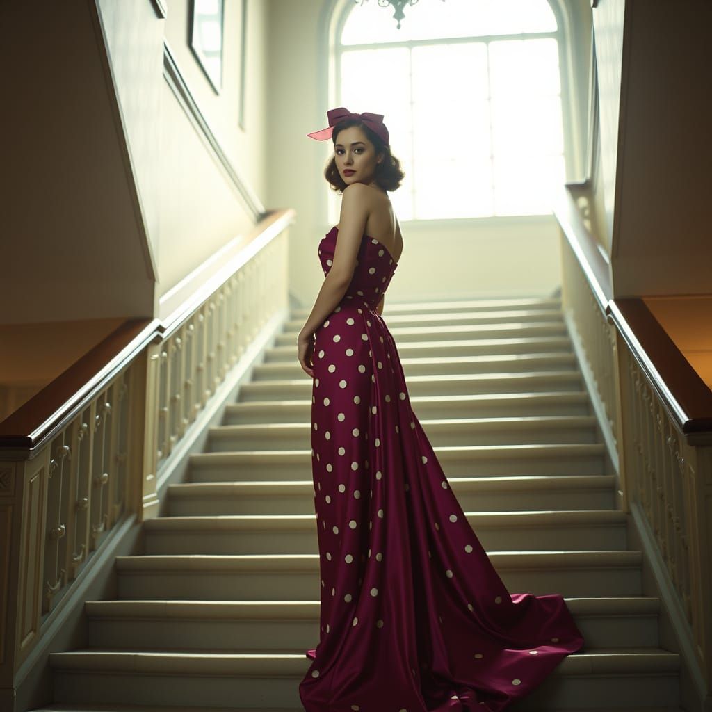 Elegant Woman in Mulberry Dress, Cinematic Lighting