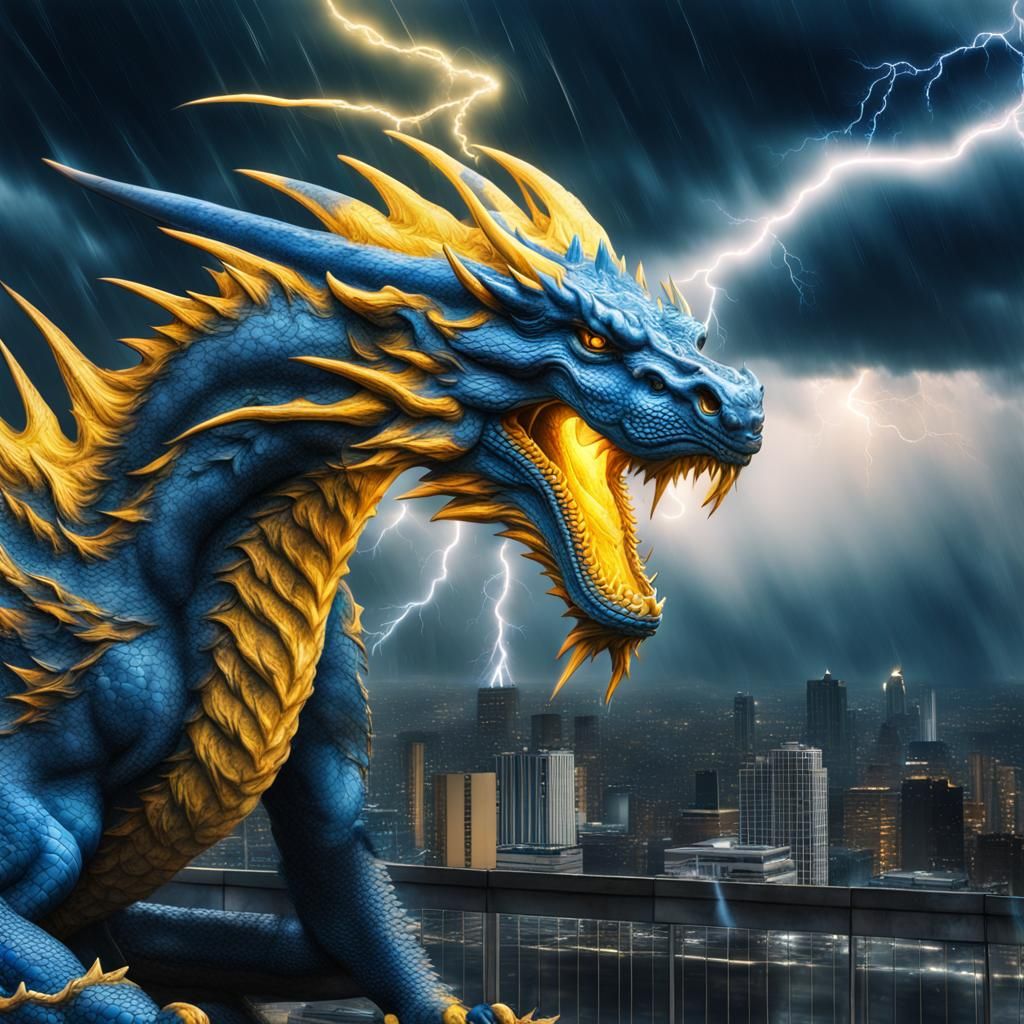 Hyperrealistic Lightning Dragon in City Thunderstorm